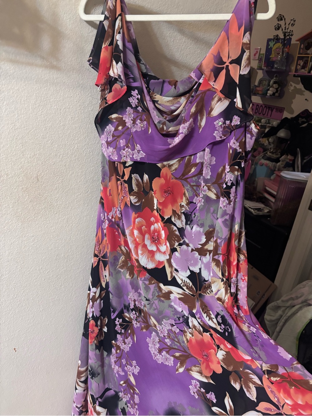 Y2K Robbie Bee Purple Floral Cowl Neck Maxi Dress with Orange & Pink Blooms